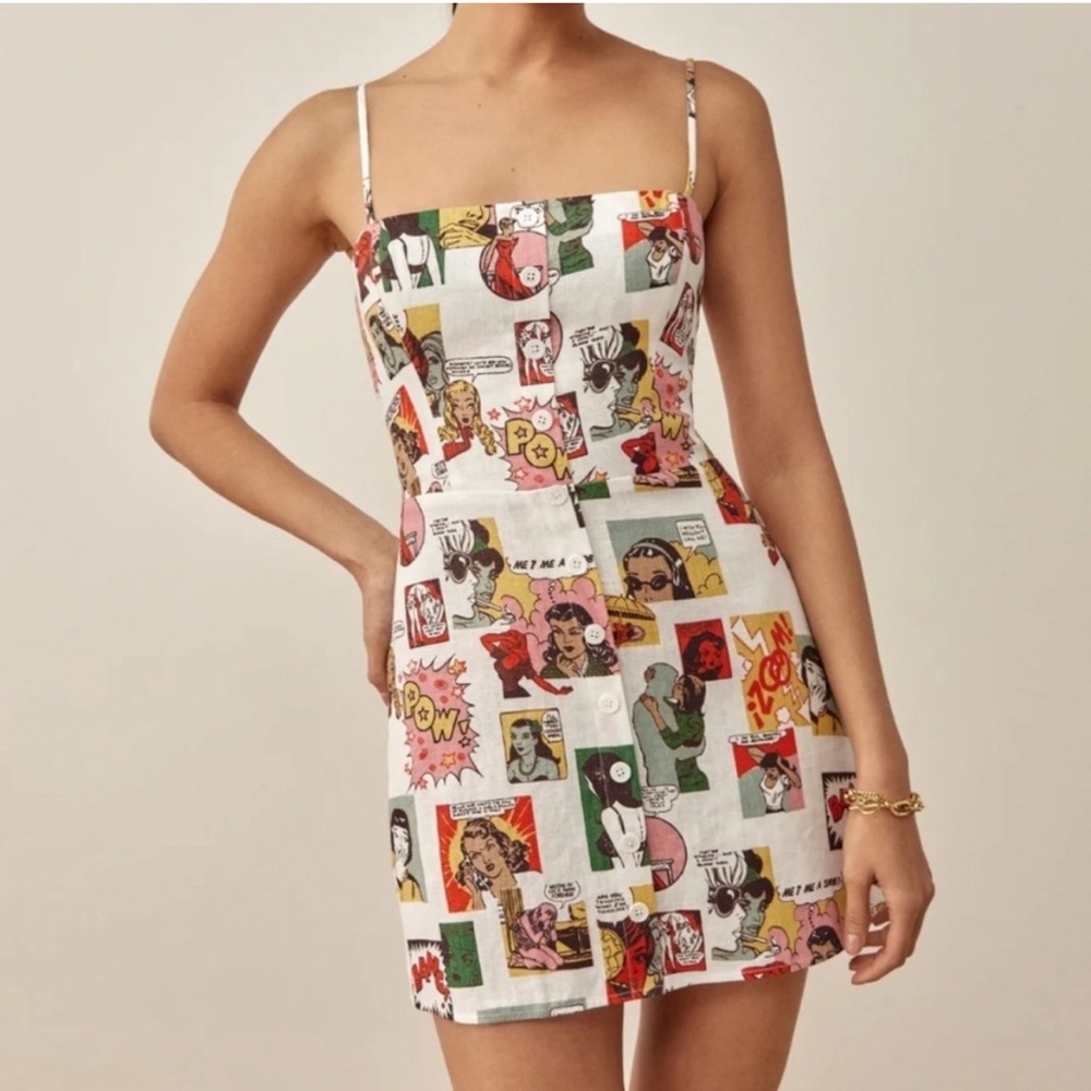 Reformation Huckleberry Linen Comic Book Print Mini Dress